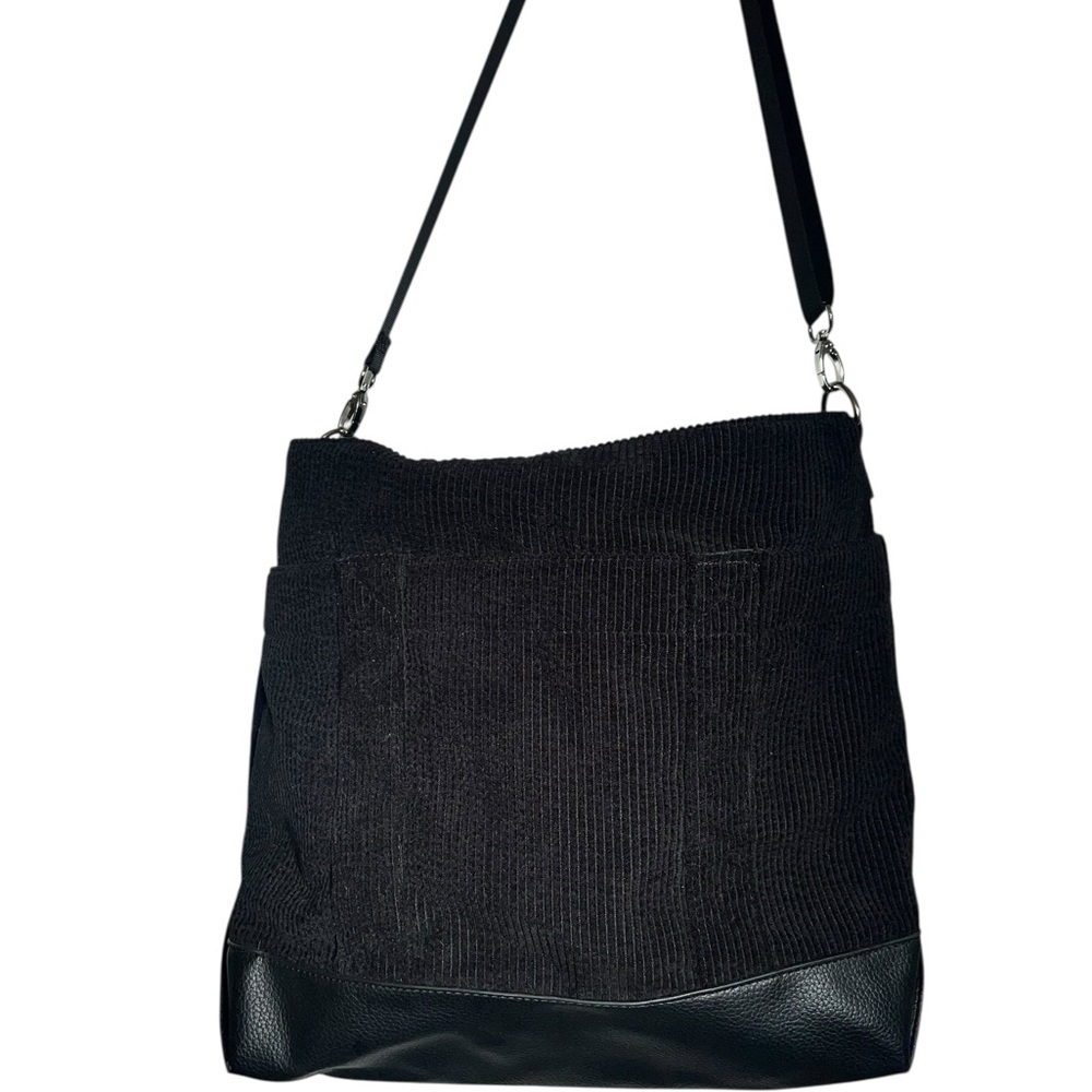Black Corduroy Shoulder Bag With A Faux Leather Bottom